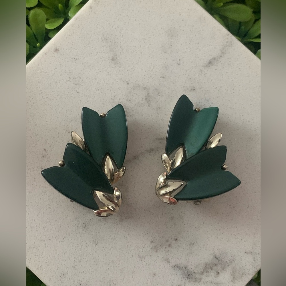 Vintage Green and Gold Clip On Earrings